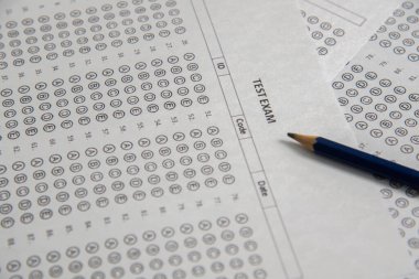 Mavi bir kalemi tutan bir eli gösteriyor ve bir sınav kağıdına 