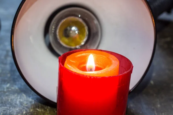 Burning Candle Background Table Lamp Blackout Ukraine Due War — Stock Photo, Image
