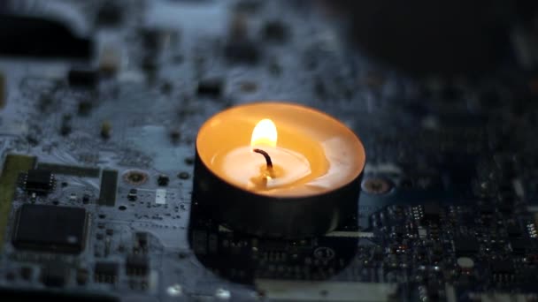 Burning Candle Electronic Board Blackout Ukraine Due War — Stock Video