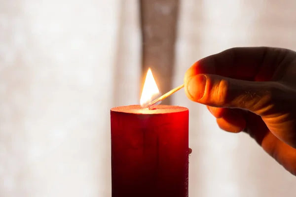 Man Lights Candle Match Blackout Due War Ukraine — Stock Photo, Image