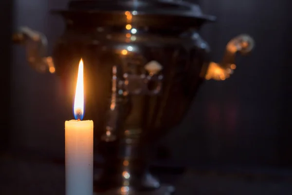 Burning Candle Old Samovar Blackout Ukraine Due War — Stock Photo, Image