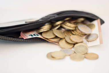 Money scattered around the wallet. Rising prices due to the war in Ukraine