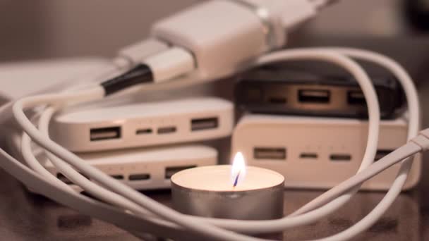 Burning Candle Background Power Banks Charger Blackout Due War Ukraine — Vídeo de stock