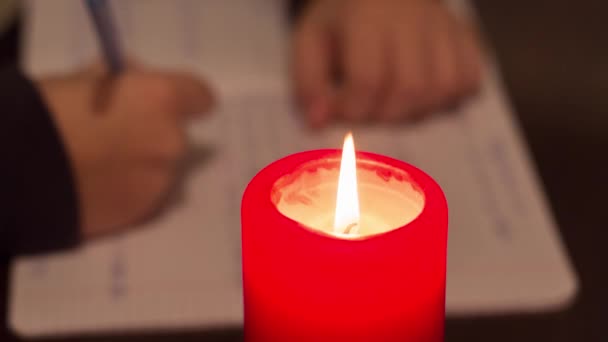 Child Does Homework Candlelight Blackout Due War Ukraine — Video