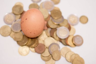 Chicken egg on coins. The rise in food prices due to the war in Ukraine