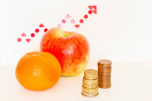 Mandarin and apple with columns of coins against the background of a red growth arrow.