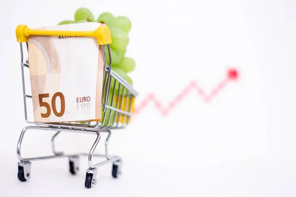 Grapes Consumer Basket Euro Banknote Background Increase Inflation Arrow Rising — Stock Photo, Image