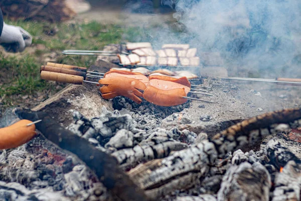 Barbecue Nel Bosco Salsicce Pancetta — Foto Stock