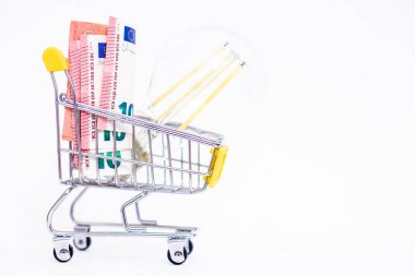 Avro banknotlarıyla dolu bir alışveriş arabasında enerji tasarrufu lambası. Artan elektrik fiyatları.