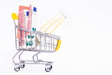 Avro banknotlarıyla dolu bir alışveriş arabasında enerji tasarrufu lambası. Artan elektrik fiyatları.