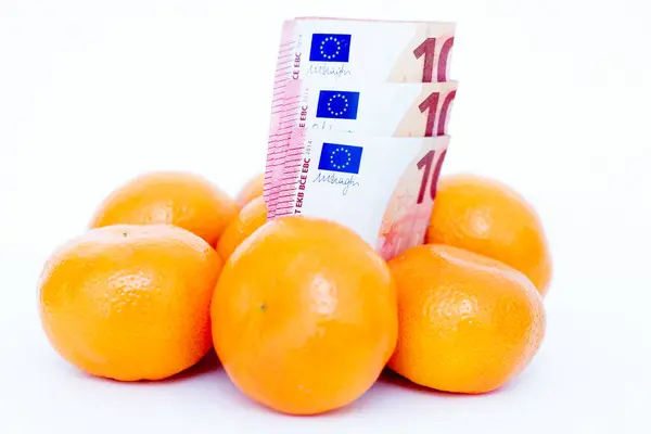 stock image Euro banknotes among tangerines. On a white background.