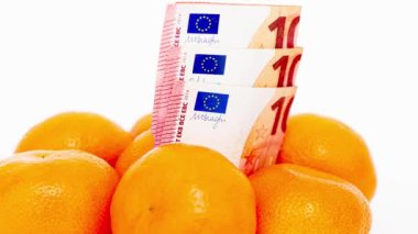 Mandalinalar arasında Euro banknotları. Beyaz bir arkaplanda.