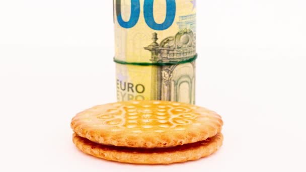 Billetes Galletas Euros Laminados Sobre Fondo Blanco — Vídeo de stock