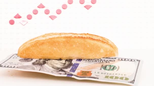 Pieces Bread Euro Banknotes Rising Prices Due War Ukraine — Stock Video