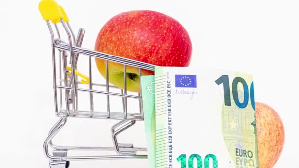 Äpfel Mit Einem Euro Schein Einem Einkaufskorb Steigende Preise Durch — Stockvideo