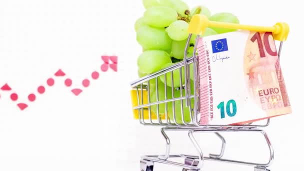 Hrozny Spotřebitelském Koši Eurobankovkou Pozadí Nárůstu Inflačního Šípu Rostoucí Ceny — Stock video