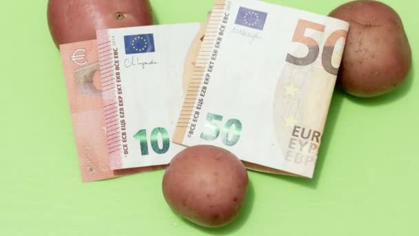 Potatis Med Eurosedlar Stigande Livsmedelspriser Världskrisen — Stockvideo