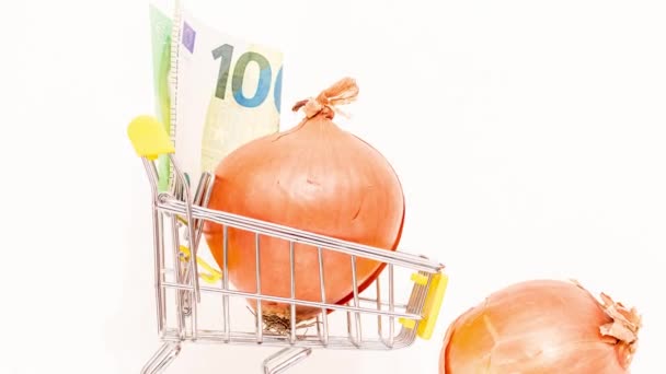 Cibule Spotřebitelském Koši 100 Euro Zvýšení Cen Potravin Inflace Důsledku — Stock video