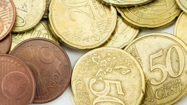 Евро Монеты Разные Крупным Планом — стоковое видео