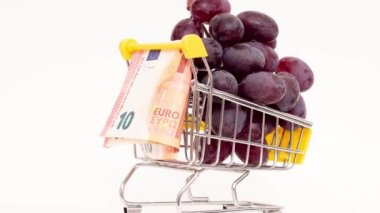 Market sepetinde 10 Euro ile kırmızı üzümler. Beyaz bir arka planda. Ukrayna 'daki savaş nedeniyle Avrupa' da artan fiyatlar
