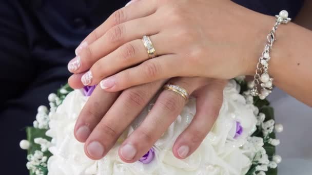 Ringen Aan Handen Van Bruid Bruidegom Close — Stockvideo