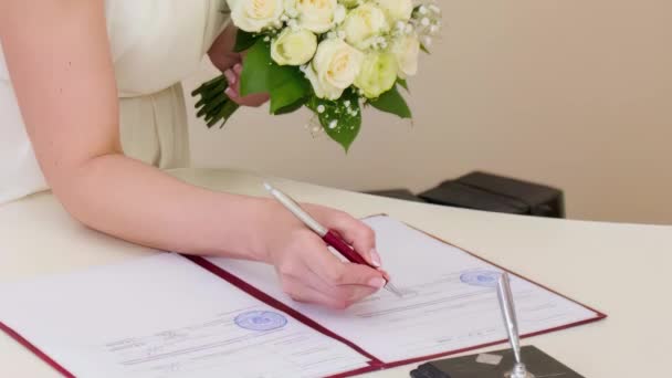 新婚夫妇在登记处签署文件 — 图库视频影像