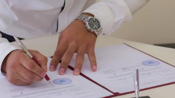 新婚夫妇在登记处签署文件 — 图库视频影像