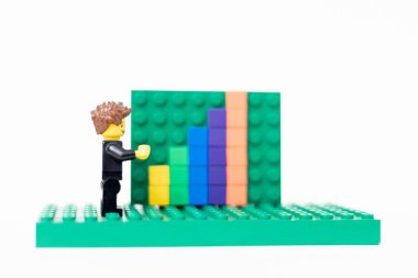 Sala, Slovakya - 01 12 2024: Ofis lego adamı satış büyüme tahtasının yanında duruyor.