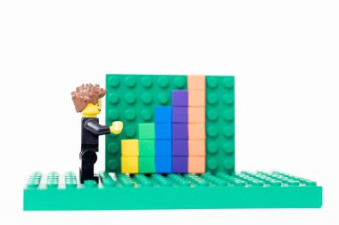 Sala, Slovakya - 01 12 2024: Ofis lego adamı satış büyüme tahtasının yanında duruyor.