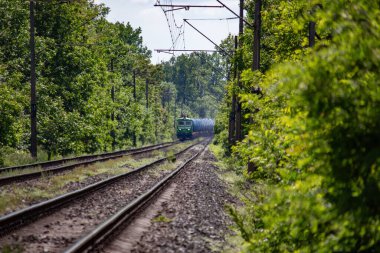 Tankları olan bir tren ormanda demiryolu boyunca gider.