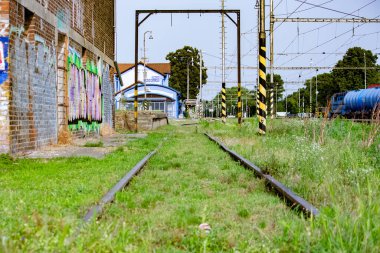 Çimlerde eski demiryolu rayları