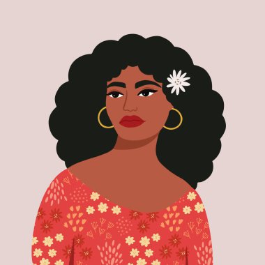 Afro-Amerikan kadın portresi. Güzel, genç siyah bir kadın. Güzel bir kadın profili. Yan görüş. İzole vektör illüstrasyonu.