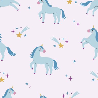 Tek boynuzlu atlar ve pastel arka plandaki yıldızlarla renksiz şirin çizgi film deseni. Çocuklar için tekstil, duvar kâğıdı, ambalaj kağıdı vs. Vektör illüstrasyonu