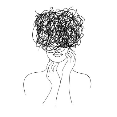 Anksiyete bozukluğu, depresyon, karışık duygular. Düşünen kadın. Dağınık çizgiler. Minimalist soyut kavramsal kadın portresi. Doğrusal kadın vücudu. Modern soyut sanat tarzı. Vektör illüstrasyonu. 