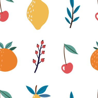 El çizimi renksiz, el yapımı meyve ve böğürtlen deseni. Yaz tatlı bir geçmişi var. Tekstil imalatı için mükemmel duvar kağıdı posterleri vesaire. Vektör illüstrasyonu