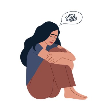 Kadın elleriyle yüzünü kapadı. Psikolojik sorunları olan biri. Korku, endişe, depresyon. Vektör illüstrasyonu