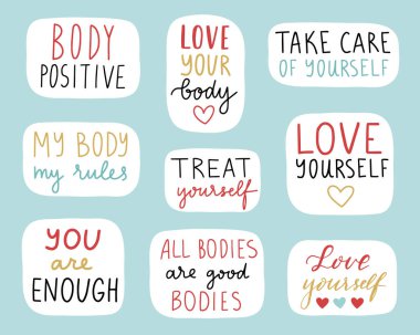 Vücut pozitifliği ayarlandı. Şirin pozitif rozetler, harfler, karalama alıntılar, çıkartmalar. Vektör. İlham verici alıntılar. Kendini sev, yetersin vesaire. Vektör illüstrasyonu