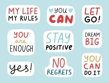 Motivasyon etiketleri hazır. Şirin pozitif rozetler, harfler, karalama alıntılar, çıkartmalar. Vektör. İlham verici alıntılar. Olumlu düşün, büyük düşün, vesaire. Vektör illüstrasyonu