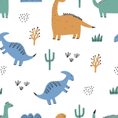 Dinozorların sevimli, renksiz deseni. Çocuklar için parlak bir geçmiş. Tekstil imalatı, not defterleri vs. için vektör illüstrasyonu