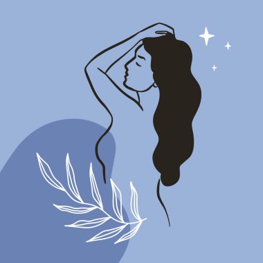 Poster, sosyal medya vesaire için Boho soyut mistik tasarım konsepti. Doğrusal kadın vücudu ve soyut şekiller. Modern soyut sanat tarzı. Vektör illüstrasyonu