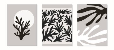 Çiçekli duvar sanat vektörü ayarlandı. Bitki dalları ve soyut şekiller. Modern tasarım, poster ya da kartpostal şablonu. Botanik tasarımı. Vektör illüstrasyonu.