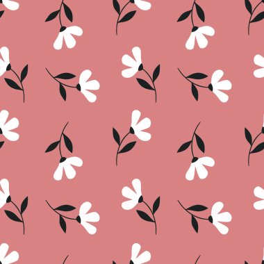 Yaban çiçekleriyle renksiz çiçek deseni. Basit İskandinav tarzı. Vektör illüstrasyonu