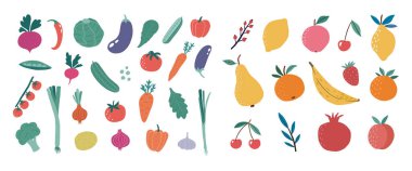 Çizgi film sebzeleri ve meyveler düz stile sahip. Vejetaryen sağlıklı yemek takımı. Beyazda izole edilmiş. Vektör illüstrasyonları