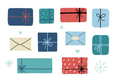 Renkli hediye seti. Beyaz arkaplandaki şirin hediye kutularının vektör çizimi. Doğum günü kutlaması, tatiller, mutlu Noeller, yeni yıl. Düz tasarım biçimi.