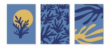 Çiçekli duvar sanat vektörü ayarlandı. Bitki dalları ve soyut şekiller. Modern tasarım, poster ya da kartpostal şablonu. Botanik tasarımı. Vektör illüstrasyonu.