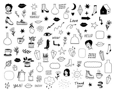 Güzel el çizimi karalama seti. Bitkiler, yapraklar, ayakkabılar, dudaklar, bulutlar, kelimeler, yıldızlar, fincanlar, oklar, şişeler vs. Vektör illüstrasyonu