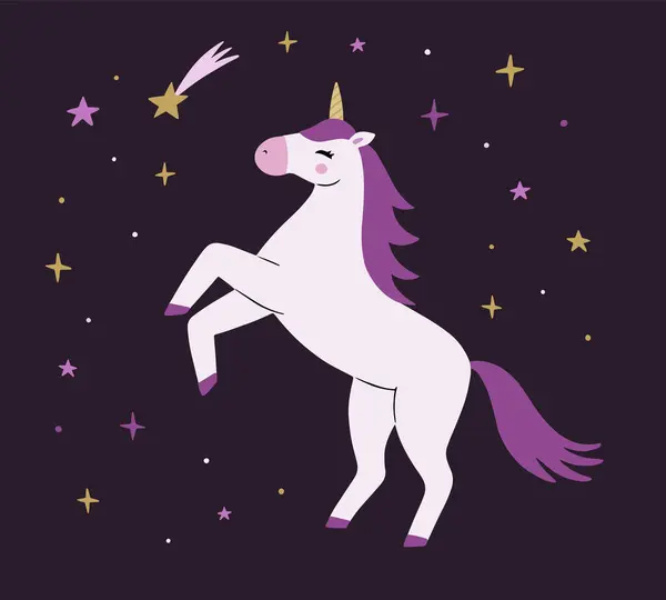 Unicornio Blanco Lindo Mágico Volando Cielo Con Estrellas Estilo Dibujos — Archivo Imágenes Vectoriales