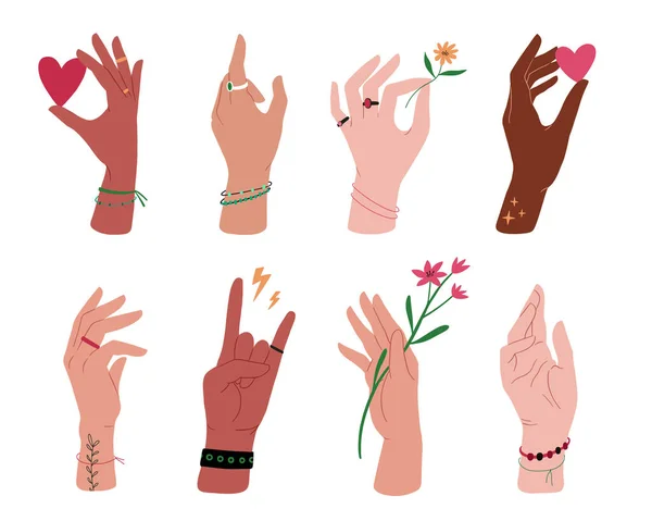 Different Skin Colors Hands Collection Hands Flowers Hearts Bracelets Rings — Stock Vector