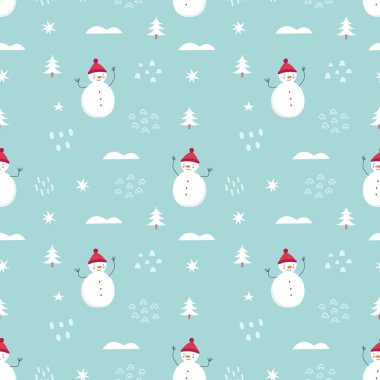 Şirin kardan adam yıldızlarının soyut şekilleriyle kışın pürüzsüz deseni. Noel ve Yeni Yıl geçmişi. İskandinav tarzı. Vektör illüstrasyonu