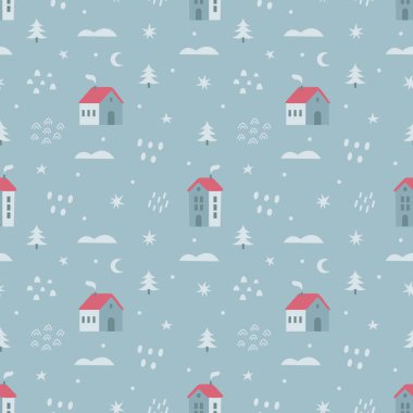 Şirin evler, yıldızlar, ağaçlar ve kar taneleri olan klasik, dikişsiz kış desenleri. Şirin bir Noel tasarımı, İskandinav tarzı bir geçmişi var. Vektör illüstrasyonu